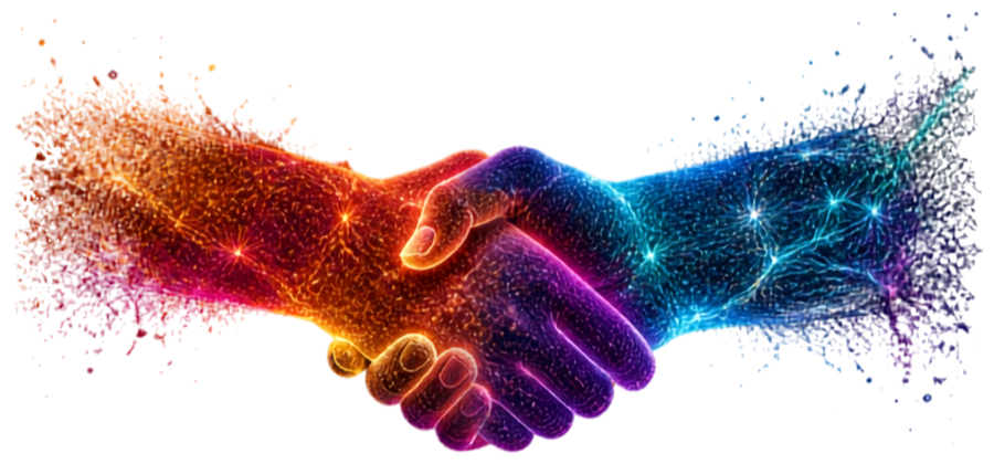 A colourful illustration of two hands shaking, representing partnership and collaboration