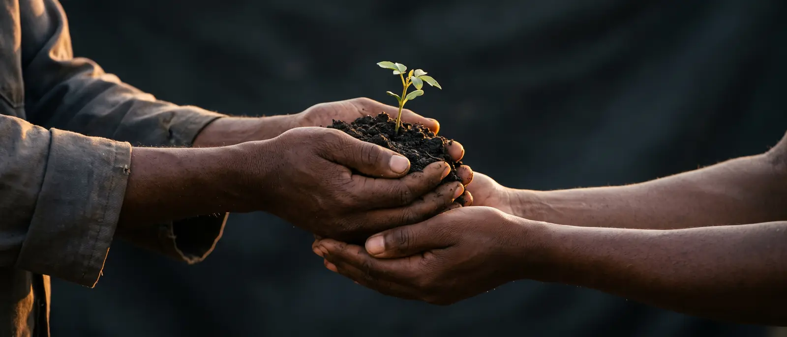 Two pairs of hands passing a baobab seedling in rich soil