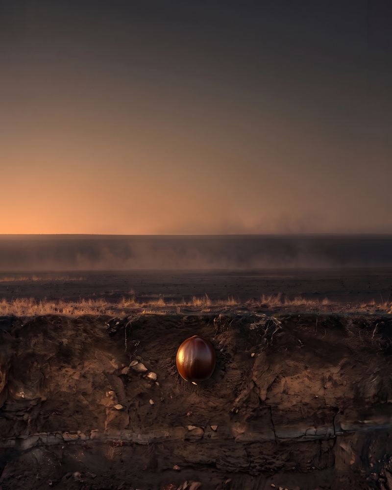 A baobab seed buried in dark earth, bare ground above at golden hour
