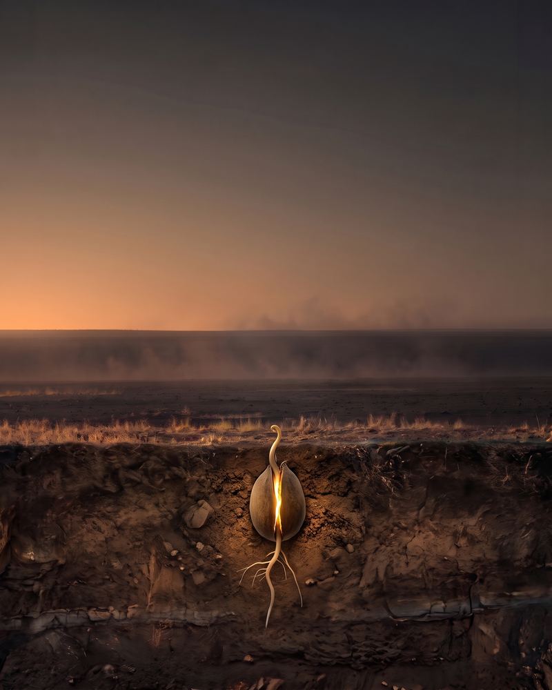 The seed cracking open underground as the first roots form