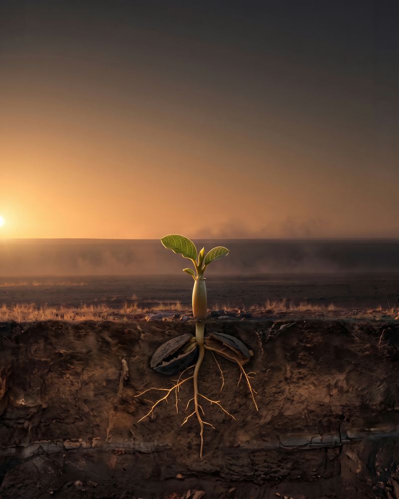 A shoot breaking through the surface, roots spreading below