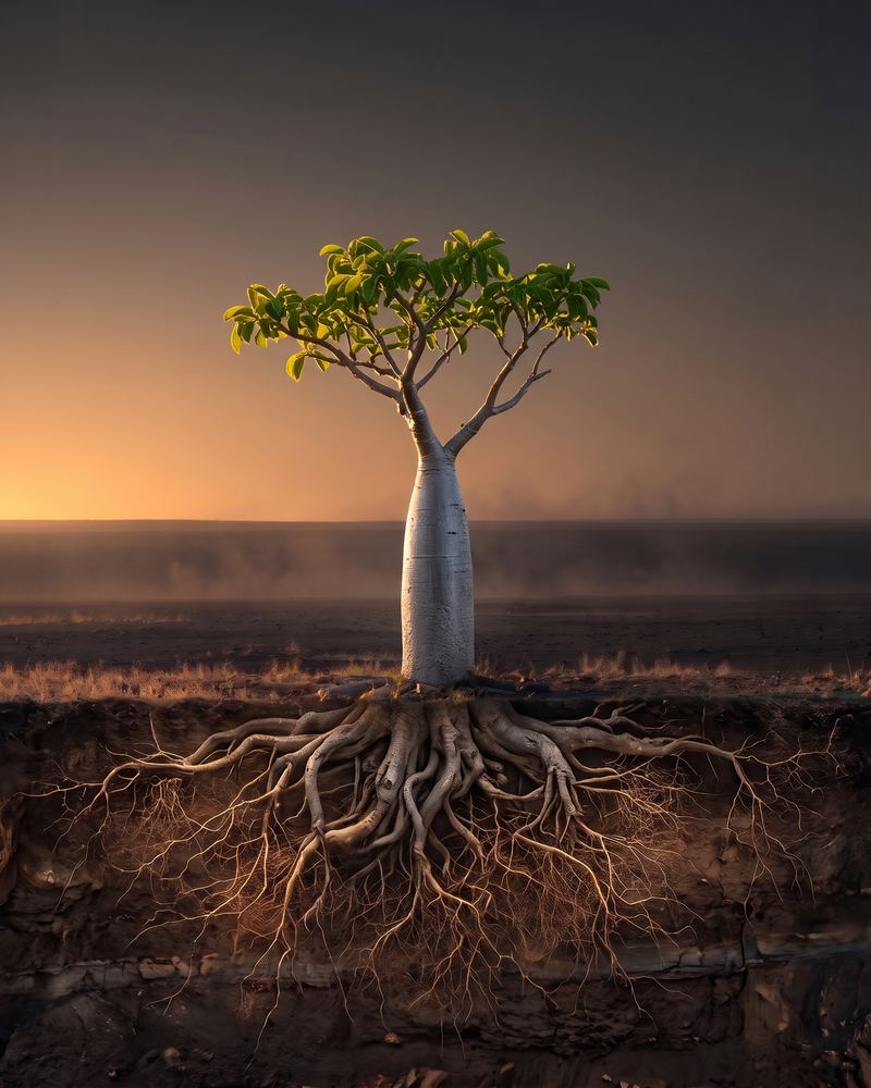 A young baobab sapling with a deepening root system