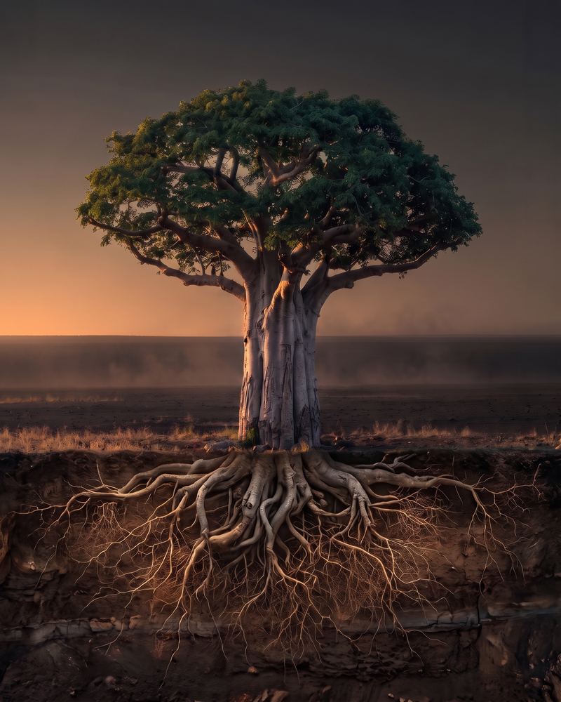 A young baobab tree in full leaf with strong roots
