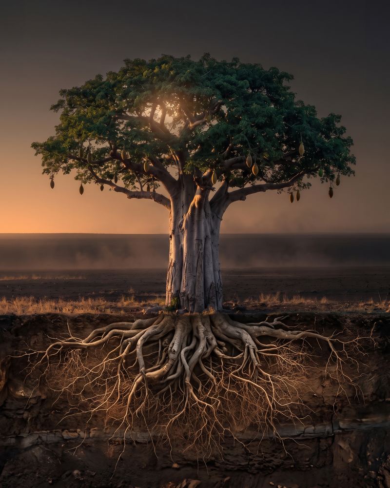 A majestic baobab bearing golden fruit above a vast root network